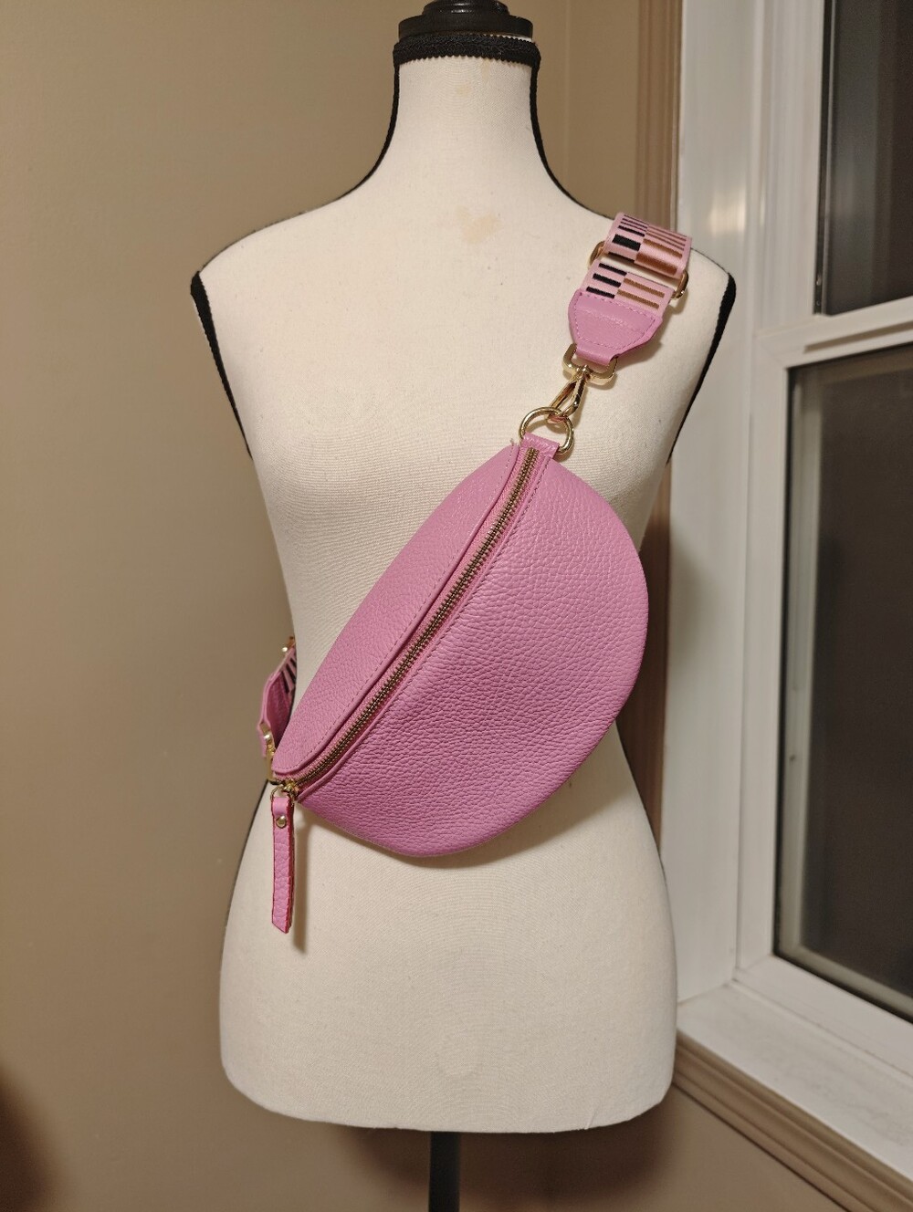 Pink Leather Crossbody Belt Bag - Gold Hardware